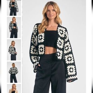 Elan NWT poppy Cardigan Granny Square Crochet cardigan Black & White Medium